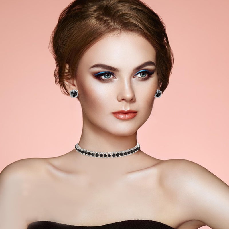 Paxuan Women Rhinestone Crystal Jewelry Set Tennis Design Rhinestone Choker Necklace Link Bracelet Teardrop Earrings Set Wedding Bridal Bridesmaids Party - Image 2