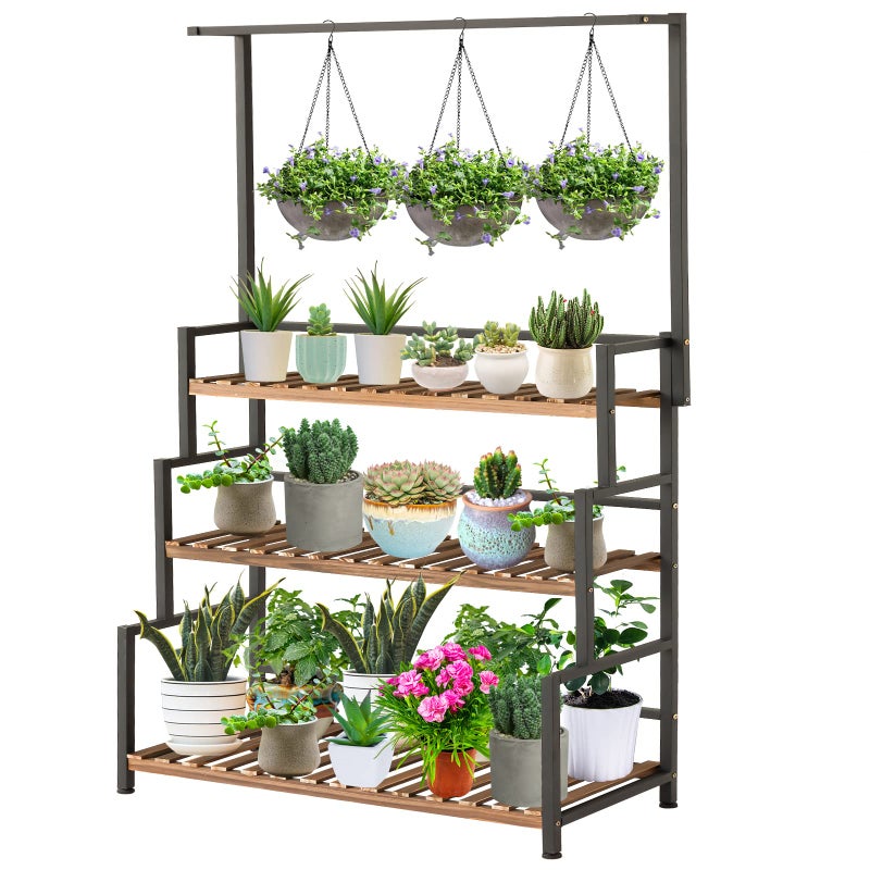 Ulike ULIKE Plant Stand Outdoor Indoor Hanging Plant Shelf for Multiple Plants 3 Tier Tall Plant Stand Wood Rack with Metal Frame for Patio Garden Balcony