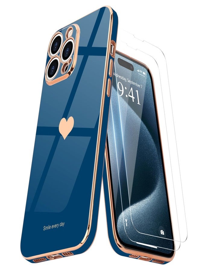 Teageo جراب Teageo لهاتف iPhone 15 Pro مع واقيين للشاشة، مصنوع من مادة TPU مطلية بالكهرباء بنقشة قلب، مقاوم للصدمات، مناسب للفتيات والسيدات، لون أزرق ملكي. - Image 1