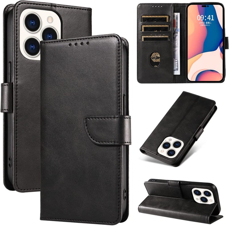 RKINC for iPhone 13 Pro Case with 3 Card Slots PU Leather Wallet Magnetic Flip Closure Folio Cover, Card Holders Kickstand Shockproof TPU Protective Phone Case, Black - Image 1