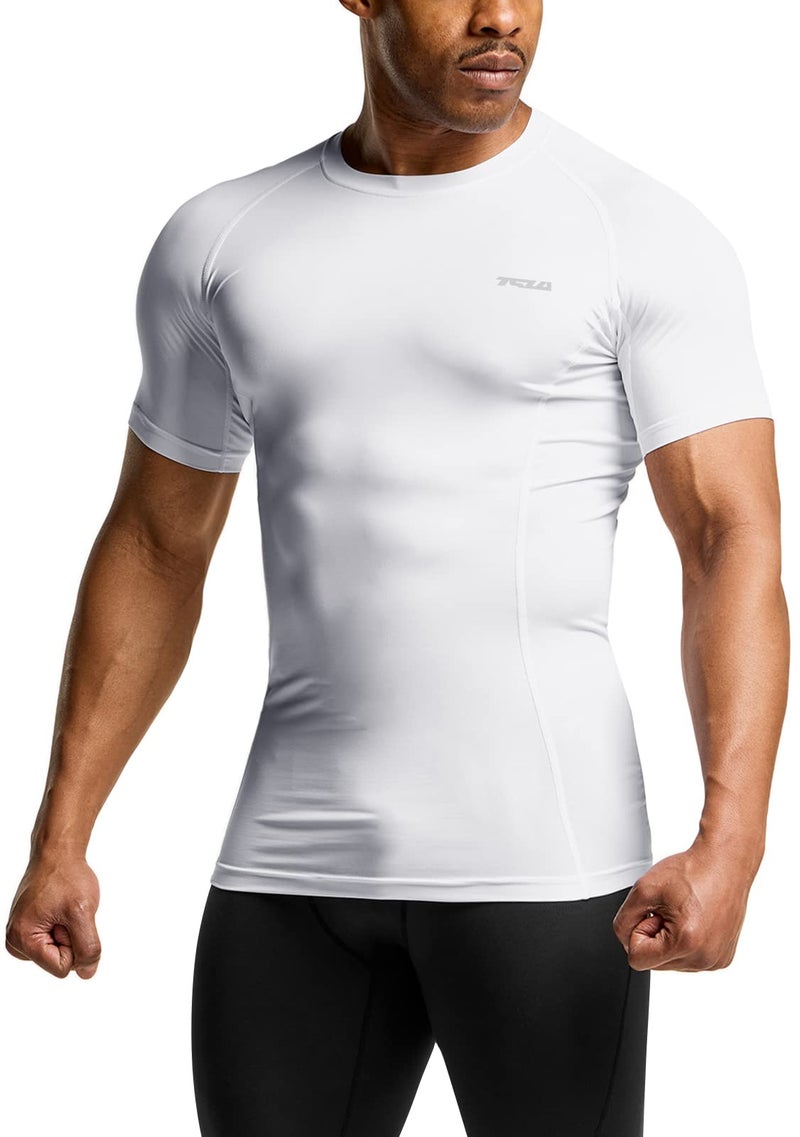 TSLA Men's UPF 50+ Quick Dry Short Sleeve Compression Shirts, Athletic Workout Shirt, Water Sports Rash Guard, Athletic Top Off White, Large - Image 1