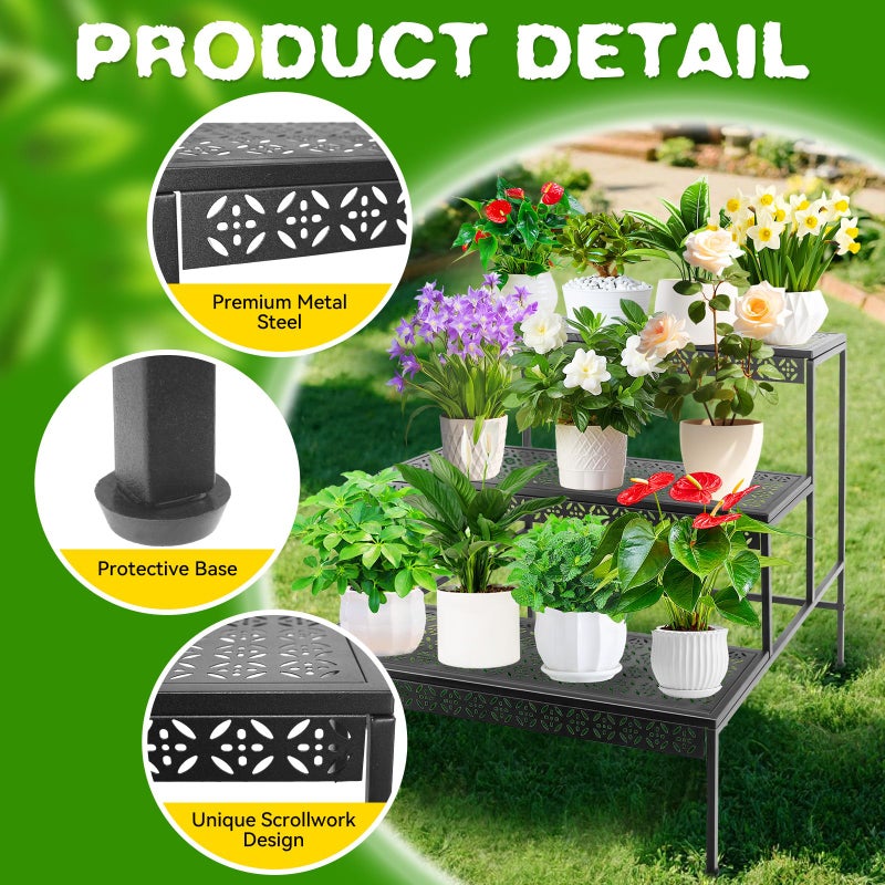 Meyoppm 3 Tier Metal Plant Stand, Ladder Flower Pot Holder Plant Stands, Tiered Plant Stand Outdoor Storage Organizer Rack for Home Garden Patio Balcony - Image 3