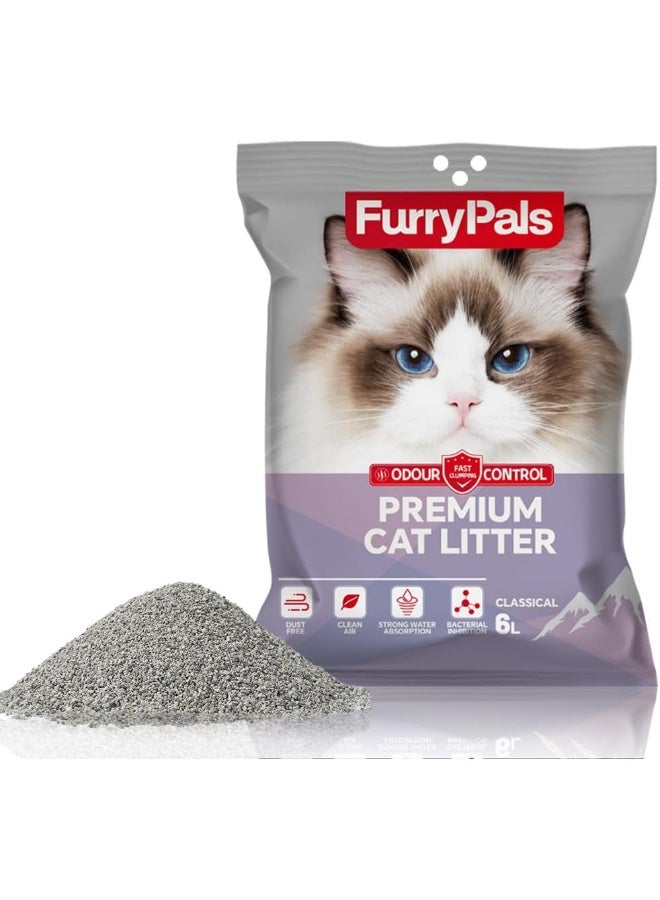 FurryPals Cat Litter, Natural Mineral Sodium Bentonite Cat Litter, 99% Dust-Free, Low Tracking, Quick Clumping, Superior Odor Control, Non-Stick Formula, Easy to Clean (6L, 4.8kg)