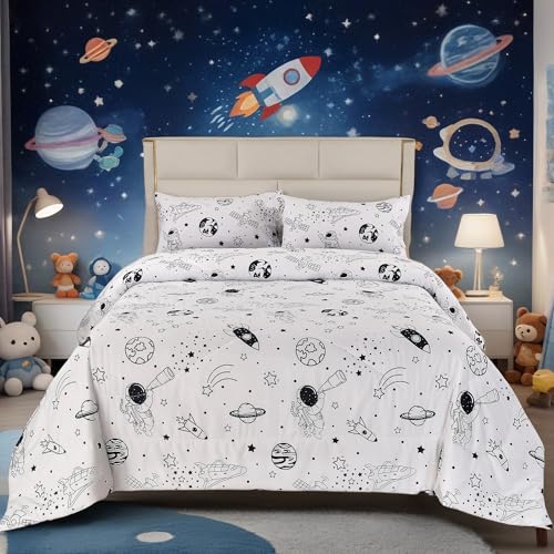 MAG 3Pcs Out Space Bedding Comforter Set,All Season Space Bedding Twin,White Galaxy Comforter Set for Toddlers Kids Boys Teens and Girls,Microfiber (1 Comforter + 2 Pillowcases). - Image 1