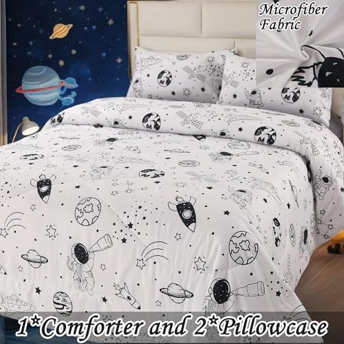 MAG 3Pcs Out Space Bedding Comforter Set,All Season Space Bedding Twin,White Galaxy Comforter Set for Toddlers Kids Boys Teens and Girls,Microfiber (1 Comforter + 2 Pillowcases). - Image 2
