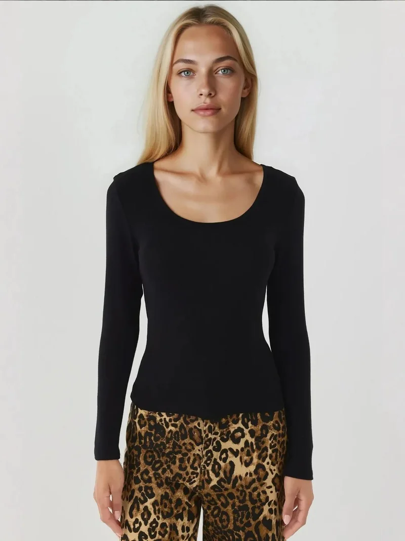 HICCUP Ultra Soft Touch Basic Long Sleeve U Neck Knitted Top