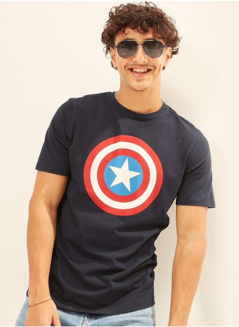 SP Characters Captain America Print T-shirt with Crew Neck and Short Sleeves  - Image 1