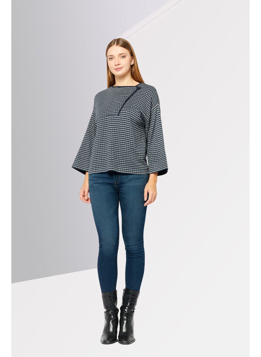 EMPORIO ARMANI Women Round Neck 3/4 Sleeve Textured Blouse, Navy  - Image 2