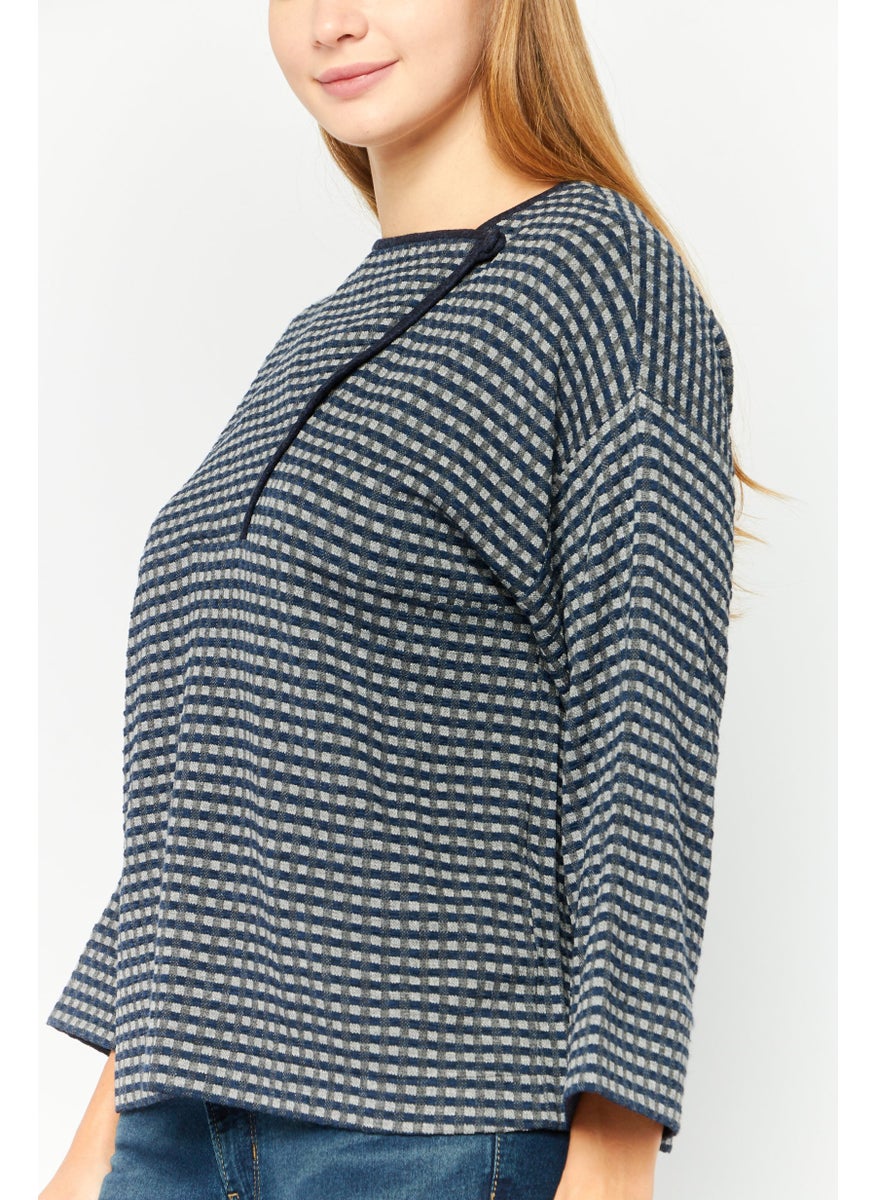 EMPORIO ARMANI Women Round Neck 3/4 Sleeve Textured Blouse, Navy  - Image 3