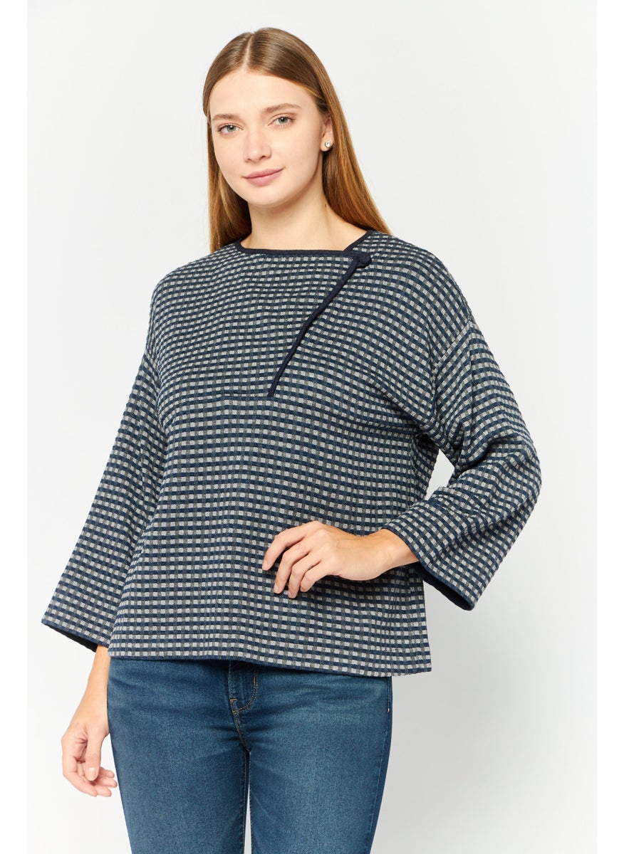 EMPORIO ARMANI Women Round Neck 3/4 Sleeve Textured Blouse, Navy  - Image 1