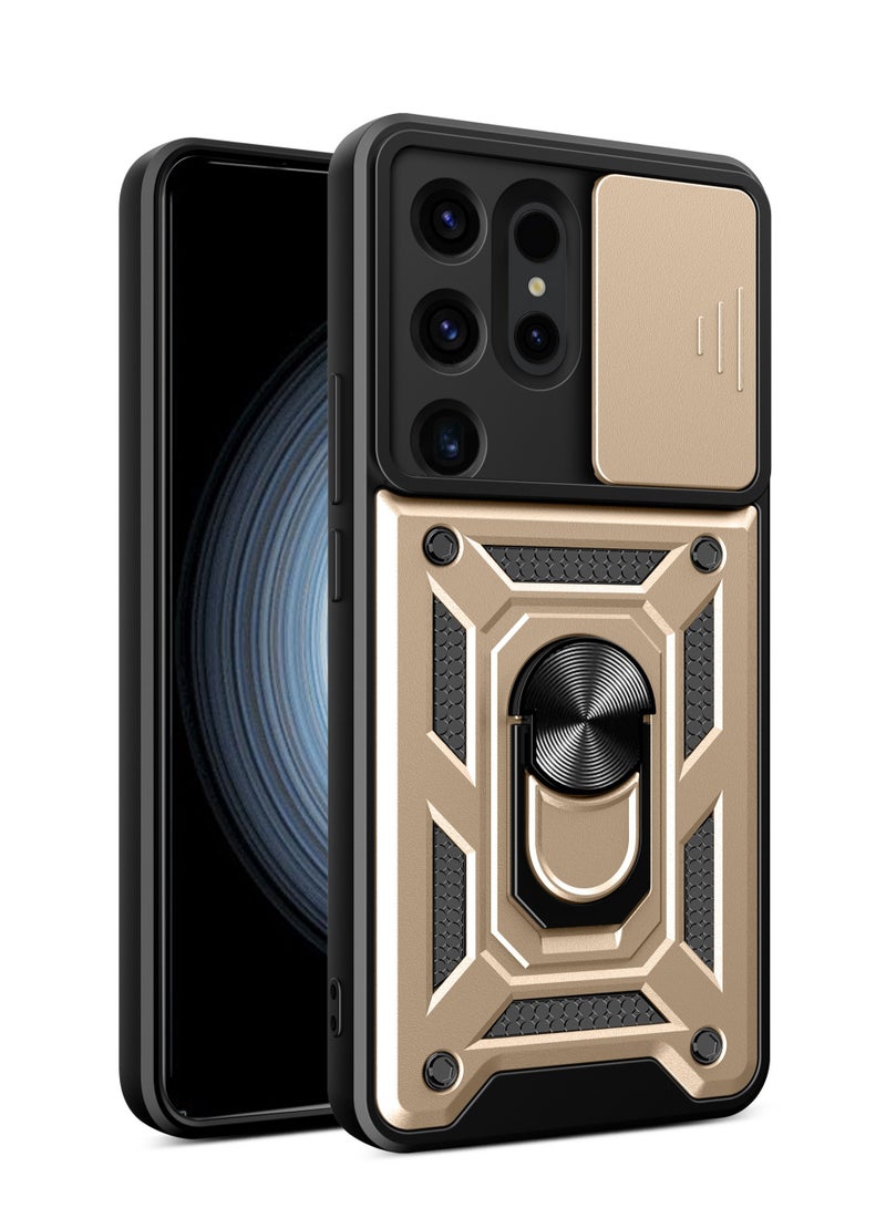 Shunjia Sliding Window Case, Shockproof Rugged Armor with Sliding Camera Cover & 360° Ring Kickstand, Compatible with Samsung Galaxy S24 Ultra (Gold)