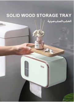 Wall-Mounted Tissue Box, Waterproof Toilet Paper Holder with Removable Wooden Pallet, Perspective Window Design, Self-Adhesive Tissue Holders with Storage