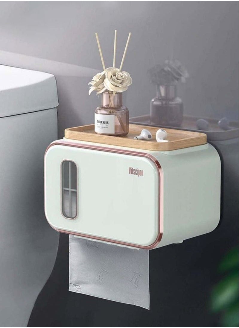 Generic - Wall-Mounted Tissue Box, Waterproof Toilet Paper Holder with Removable Wooden Pallet, Perspective Window Design, Self-Adhesive Tissue Holders with Storage - Image 1