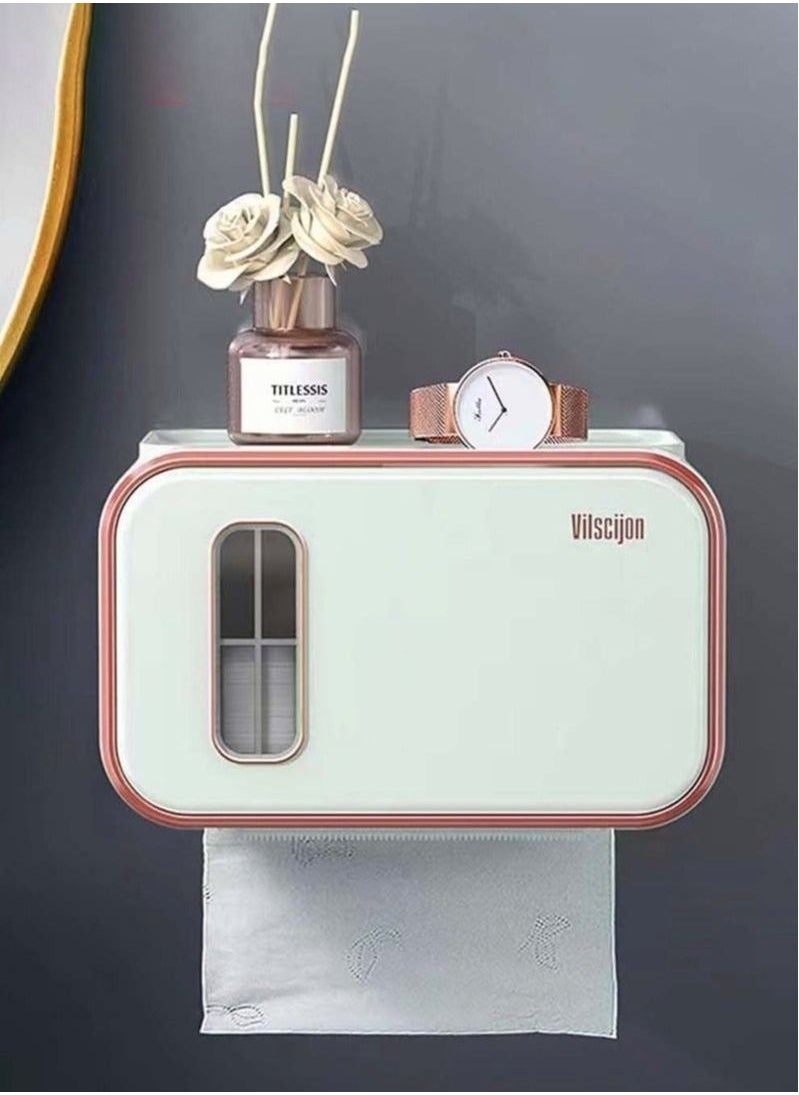 Generic - Wall-Mounted Tissue Box, Waterproof Toilet Paper Holder with Removable Wooden Pallet, Perspective Window Design, Self-Adhesive Tissue Holders with Storage - Image 1