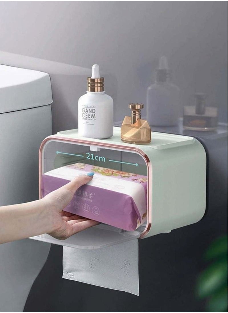 Generic - Wall-Mounted Tissue Box, Waterproof Toilet Paper Holder with Removable Wooden Pallet, Perspective Window Design, Self-Adhesive Tissue Holders with Storage - Image 1