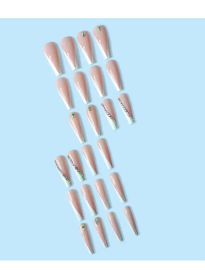 ORiTi أظافر فرنسية لامعة على شكل تابوت مع أحجار الراين - أظافر طويلة لبياض الأظافر - سهلة التطبيق والإزالة - Image 4