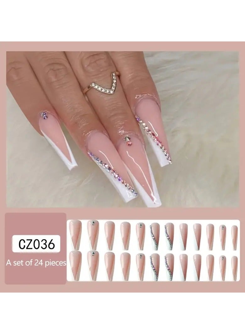 ORiTi أظافر فرنسية لامعة على شكل تابوت مع أحجار الراين - أظافر طويلة لبياض الأظافر - سهلة التطبيق والإزالة - Image 5