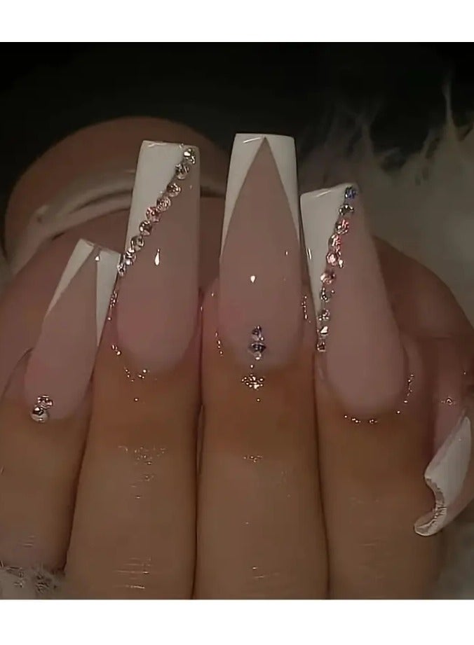 ORiTi أظافر فرنسية لامعة على شكل تابوت مع أحجار الراين - أظافر طويلة لبياض الأظافر - سهلة التطبيق والإزالة - Image 1