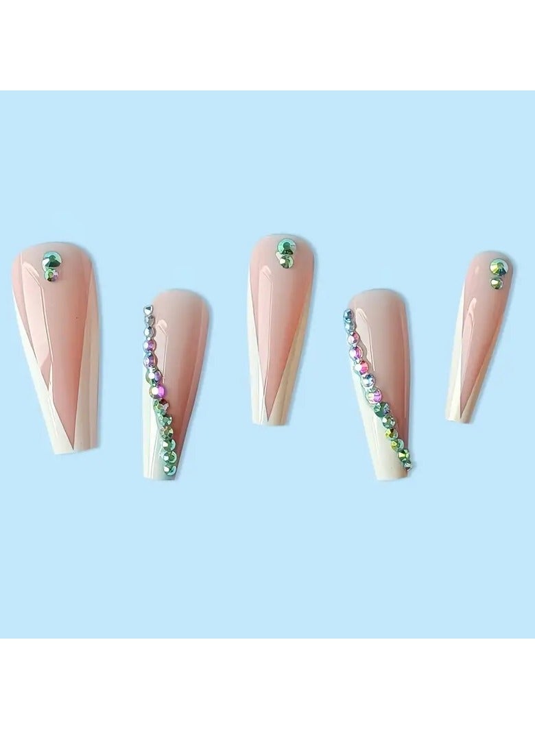 ORiTi أظافر فرنسية لامعة على شكل تابوت مع أحجار الراين - أظافر طويلة لبياض الأظافر - سهلة التطبيق والإزالة - Image 3