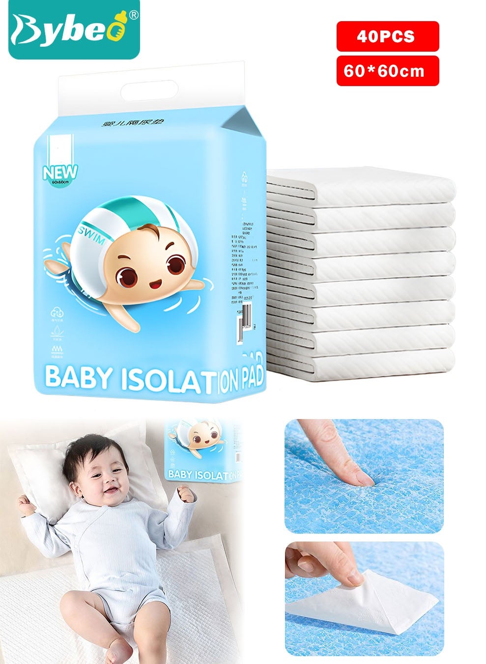 Bybeo 40 Pieces Baby Disposable Changing Mats, Waterproof Changing Pads, Ultra Soft Diaper Changing Mat, Highly Absorbent Leakproof Underpads for Newborns & Infants, 60*60 CM