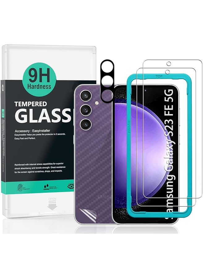 إيروريكس عبوتان من واقي الشاشة لهاتف Samsung Galaxy S23 Fe 5G مقاس 6.4 بوصة، غير مخصص لهاتف Samsung Galaxy S23 S23+ 5G S23 Ultra 5G، زجاج مقسّى بصلابة 9H مع قطعة واحدة من واقي عدسة الكاميرا وقطعة واحدة من غشاء ألياف الكربون الخلفي - Image 1
