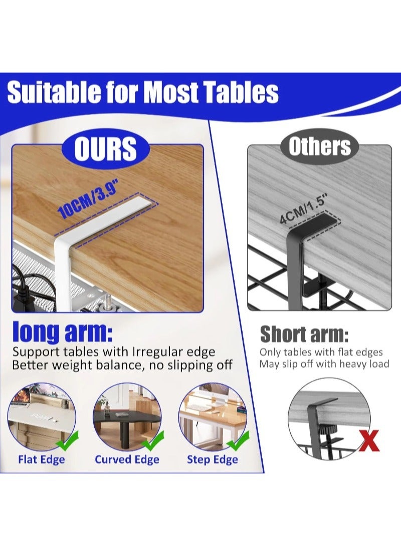 Under Desk Cable Management Tray, Metal Long Arms(3.9in), No Drill Mesh Wire Management Tray Cable Box for Office, Desk Wire Organizer with Clamp Mount, 1 Pack, White - Image 2