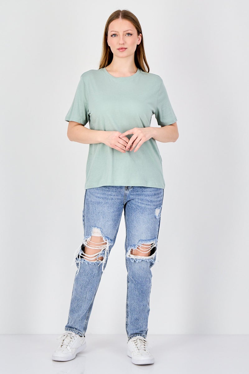 ONLY Women Crew Neck Plain Short Sleeve Top, Sage Green - Image 3