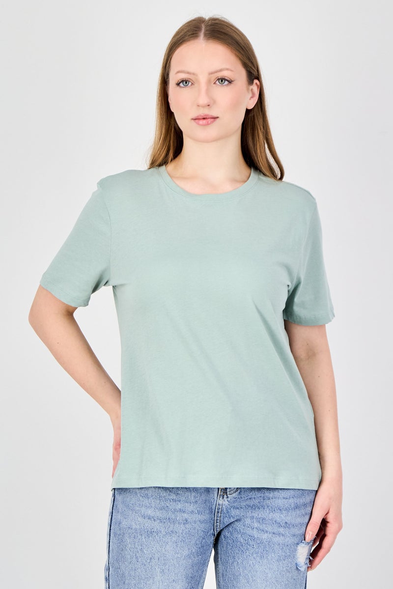 ONLY Women Crew Neck Plain Short Sleeve Top, Sage Green - Image 1