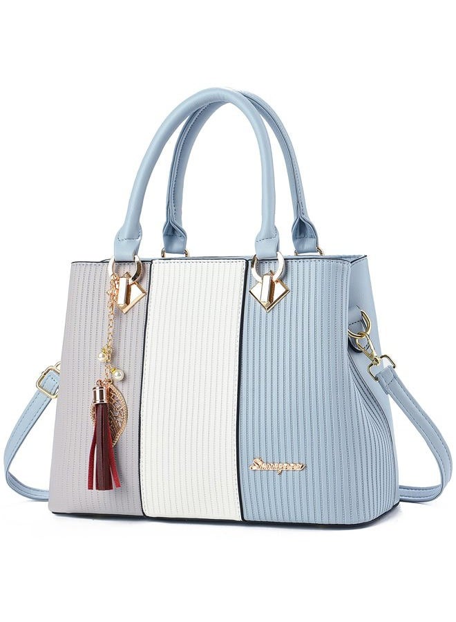 SiMYEER Purses and Handbags for Women Leather Tote Shoulder Bag Medium Satchel Purse Top Handle Bags for Ladies, 5-grey White Light Blue, Medium Size - Image 1