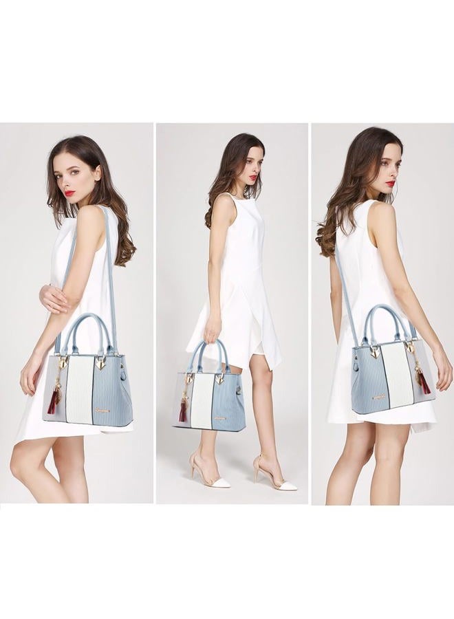 SiMYEER Purses and Handbags for Women Leather Tote Shoulder Bag Medium Satchel Purse Top Handle Bags for Ladies, 5-grey White Light Blue, Medium Size - Image 2