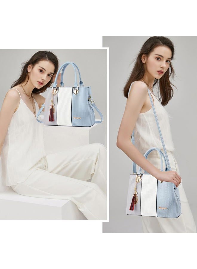SiMYEER Purses and Handbags for Women Leather Tote Shoulder Bag Medium Satchel Purse Top Handle Bags for Ladies, 5-grey White Light Blue, Medium Size - Image 3