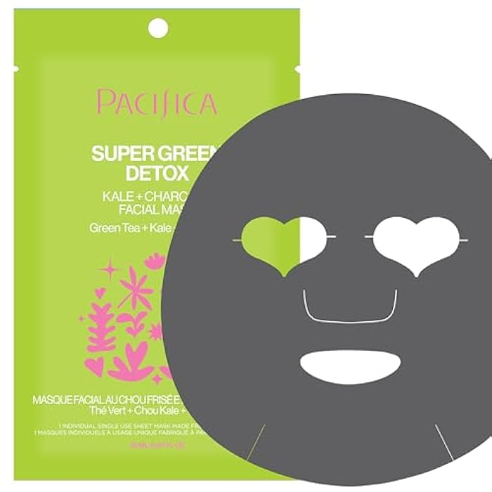 Pacifica Super Green Detox Sheet Mask – Charcoal, Kale & Clay Pore Cleansing Mask for Oily, Blemish-Prone Skin, Deep Detox Facial Mask, Vegan - Image 1