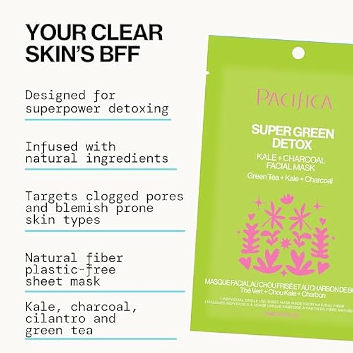Pacifica Super Green Detox Sheet Mask – Charcoal, Kale & Clay Pore Cleansing Mask for Oily, Blemish-Prone Skin, Deep Detox Facial Mask, Vegan - Image 3
