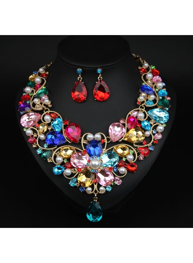 NIBEMINENT Gemstone Flower Water Drop Necklace and Earring Set