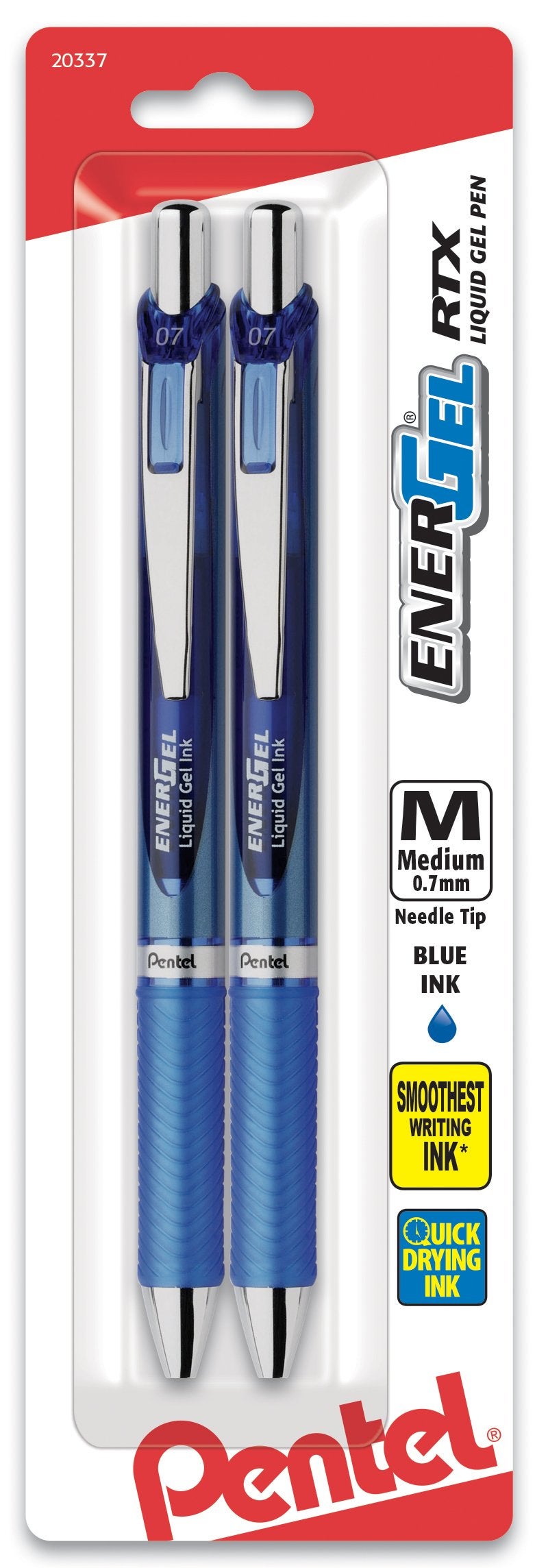 Pentel قلم حبر جل من بنتل، قلم جل قابل للسحب EnerGel RTX، 0.7 مم، طرف إبرة، حبر أزرق، عبوة من 2 (BLN77BP2C) - Image 1