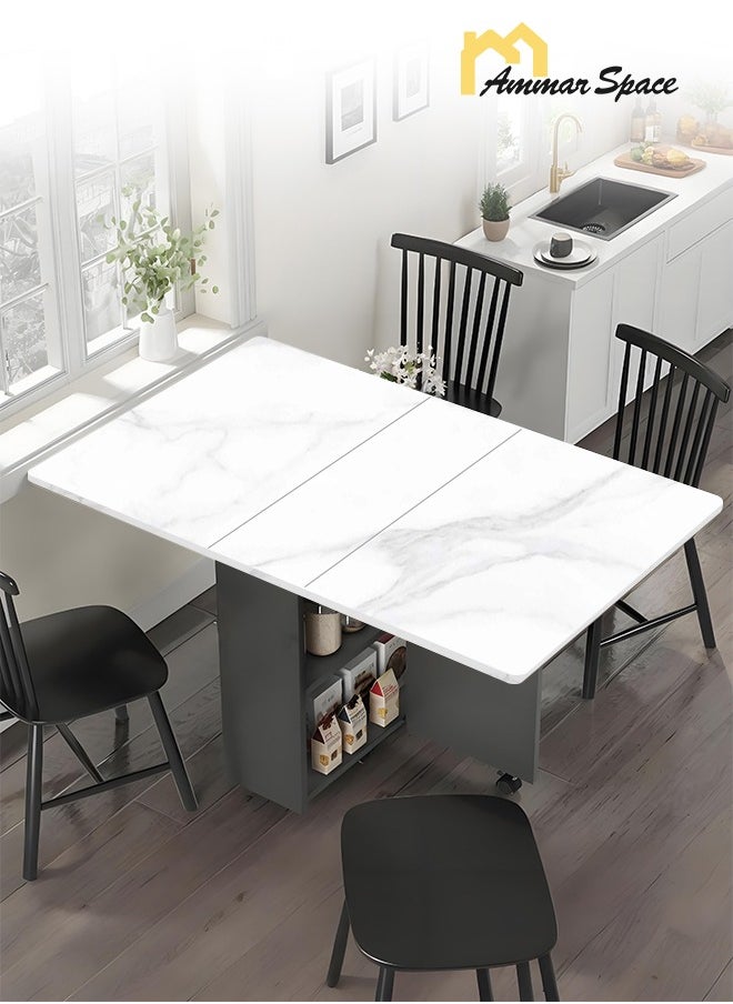 طاولة طعام قابلة للطي متعددة الألوان مقاس 120 × 60 × 70 سم مع 6 عجلات وطاولة مطبخ مع رفوف تخزين من طبقتين وطاولة طعام متعددة الوظائف موفرة للمساحة لغرفة الطعام والمنزل والمساحات الصغيرة