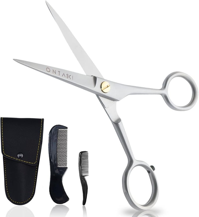Ontaki 5 Inch German Beard  Mustache Trimming Scissors 2 Combs Beard  Mustache with Pouch HandForged 410C Steel Finger Rest Silver