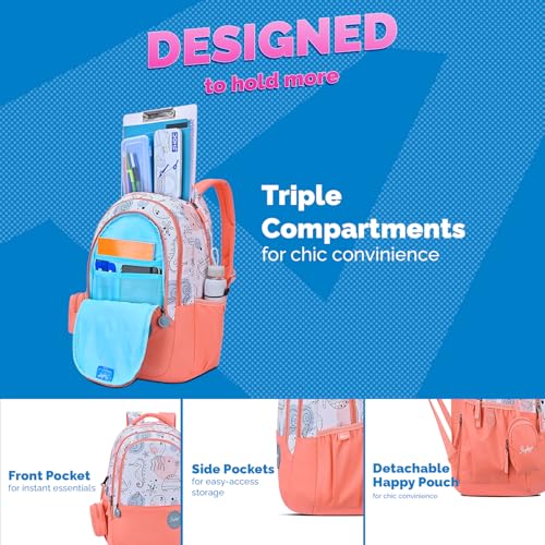 Skybags Charm 02 37 Liters Premium Polyester Fabric School Backpack for Kids with Multiple Compartments and Adujtable Starp - Girls (Coral) - Image 3