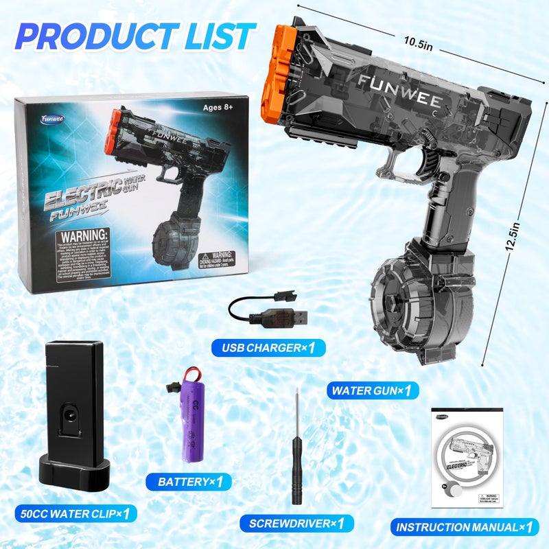 Funwee Electric Water Guns for Adult Kid, Strongest Full Automatic Water Pistol High Capacity 500+ Water Blaster, 26-30 FT Range Powerful Classic Water Squirt, Summer Outdoor Swimming Pool Water Toy - Image 5