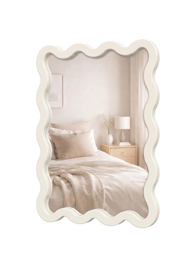 Pocetry 30"x22" Wavy Wall Mirror, White Wood Frame Vanity Mirror for Bathroom, Bedroom, Entryway, Japandi Organic Decor - Image 1