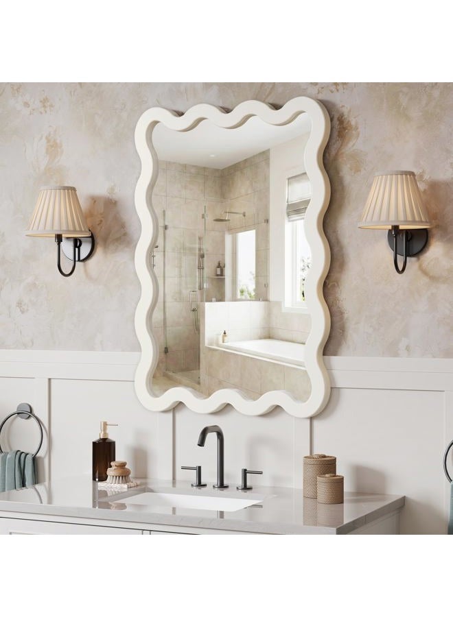 Pocetry 30"x22" Wavy Wall Mirror, White Wood Frame Vanity Mirror for Bathroom, Bedroom, Entryway, Japandi Organic Decor - Image 2