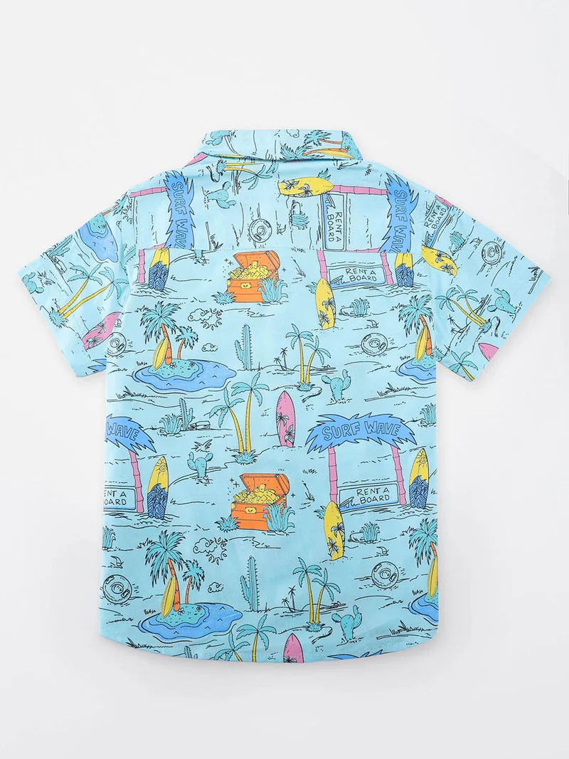 نوتيناتي Nautinati Boys Multicolour Hawaiian and Treasure Print Rayon Half Sleeve Shirt with Cotton Navy Shorts