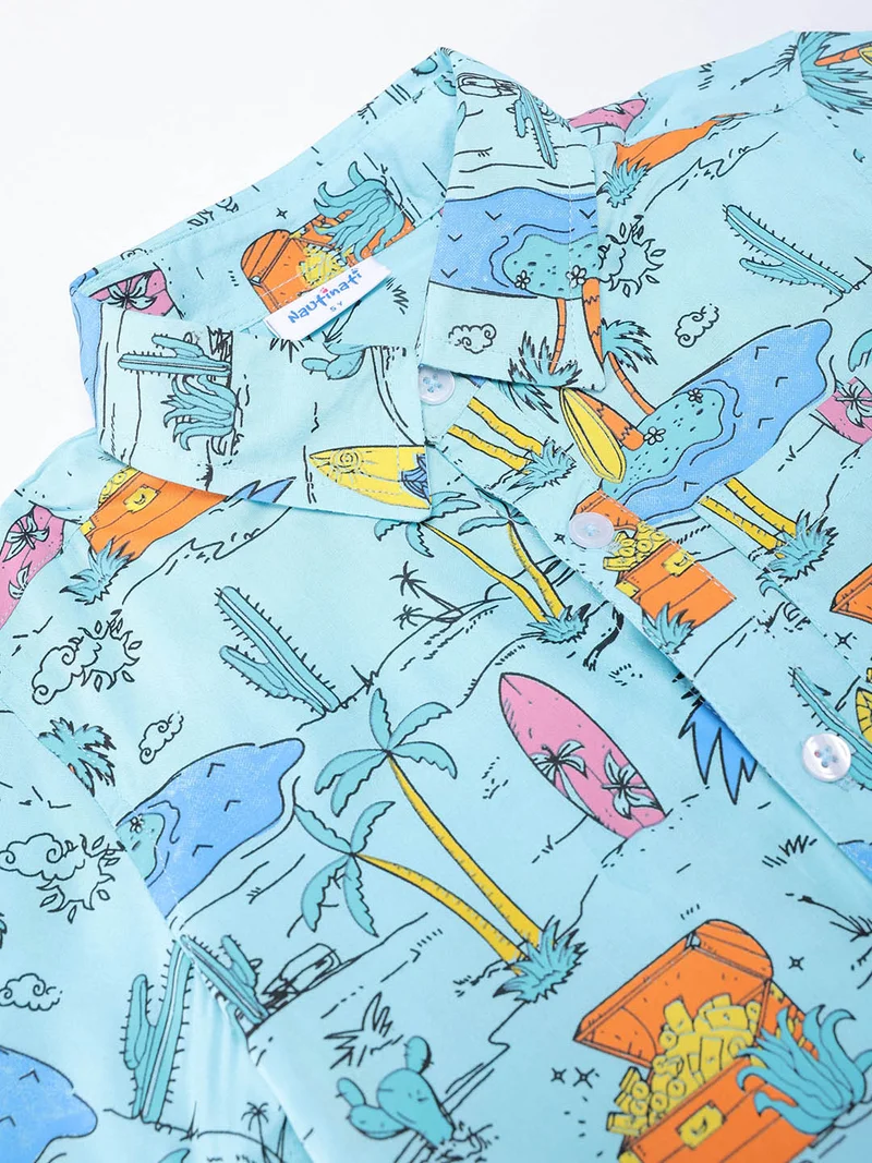 نوتيناتي Nautinati Boys Multicolour Hawaiian and Treasure Print Rayon Half Sleeve Shirt with Cotton Navy Shorts