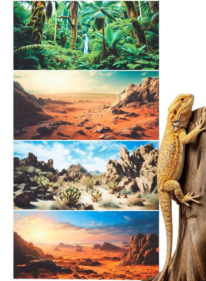 Breling 4 Pcs 36 x 18 Inch Reptile Habitat Background with Nano Glue Gobi Sun Cactus Stone and Green Tree Fern Stream Bearded Dragon Terrarium Background Polyester Durable Aquarium Accessories - Image 1