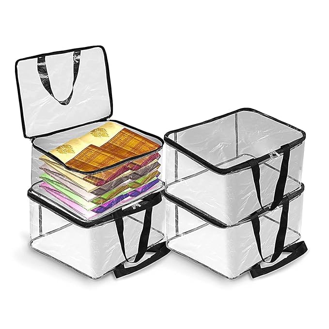 KALVAD Kalvad Cotton Canvas Clothes Storage Bags Saree Covers with Zip for Storage Specially Design for Woman Dresses Sarees Lehengas for Wardrobe Organizer Lehengas for 4 Transparent  - Image 1