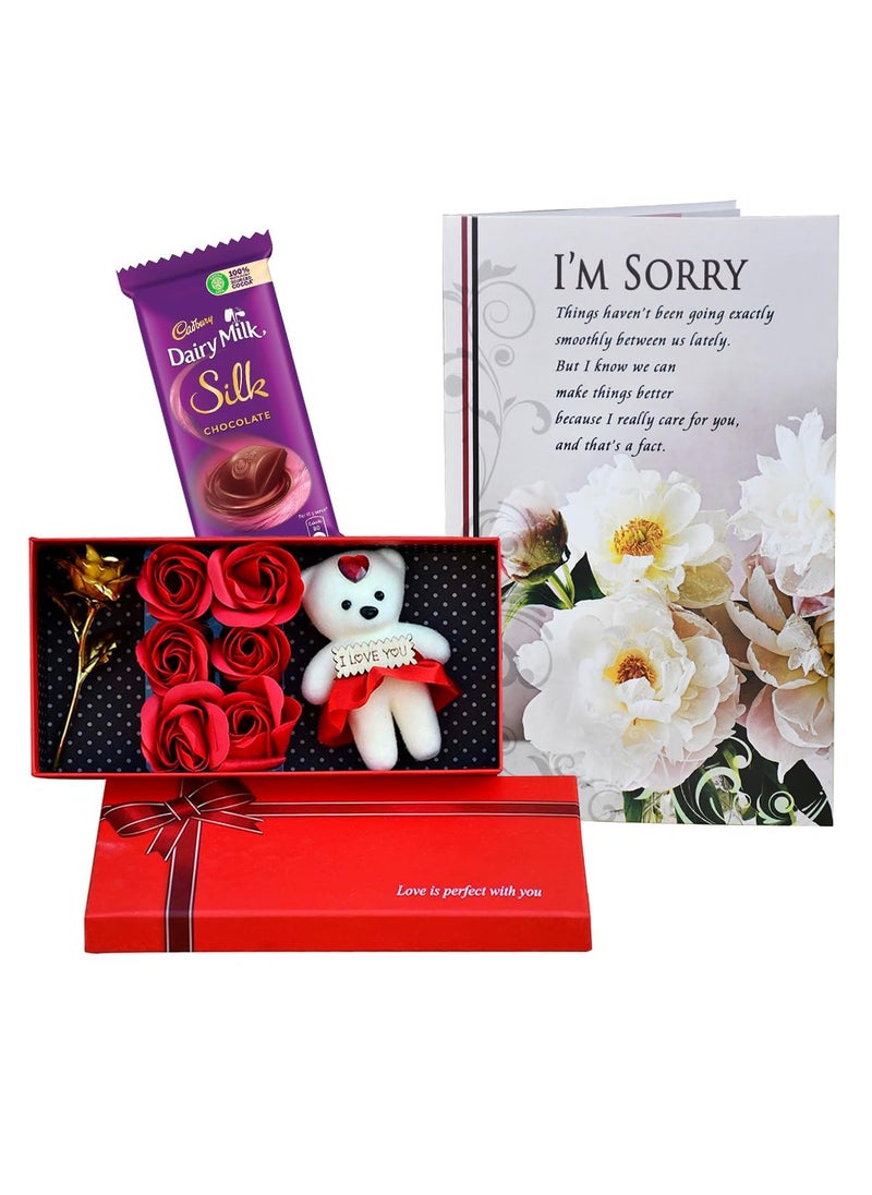 Saugat Traders Saugat Traders Sorry/Apology Gift for Girlfriend and Boyfriend - Greeting Card, Chocolate with Golden Rose with Red Rose Bunch and Soft Toy  - Image 1