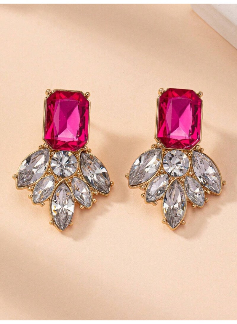 Shein 1 Pair Stylish Design New Fuchsia Gemstone Geometric Flower Personalized Elegant Earrings For Women Valentines,Mom,Mother,Mother's Day,Gift - Image 4