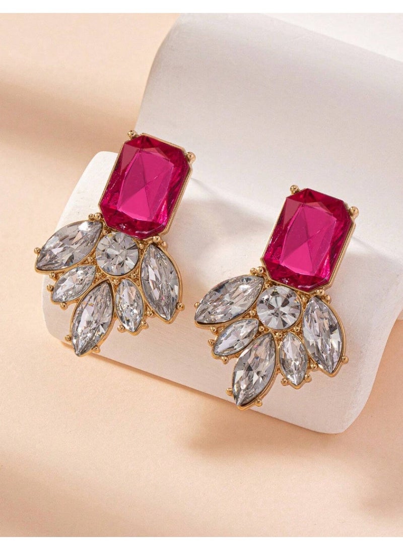 Shein 1 Pair Stylish Design New Fuchsia Gemstone Geometric Flower Personalized Elegant Earrings For Women Valentines,Mom,Mother,Mother's Day,Gift - Image 1