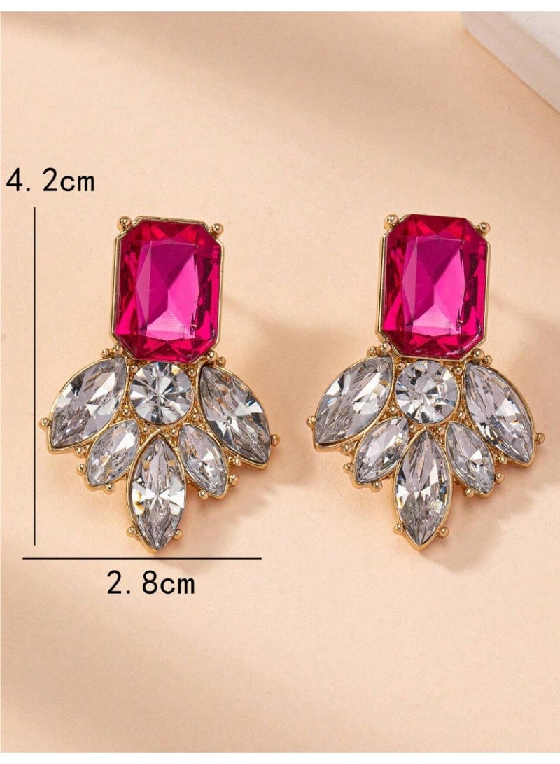 Shein 1 Pair Stylish Design New Fuchsia Gemstone Geometric Flower Personalized Elegant Earrings For Women Valentines,Mom,Mother,Mother's Day,Gift - Image 2