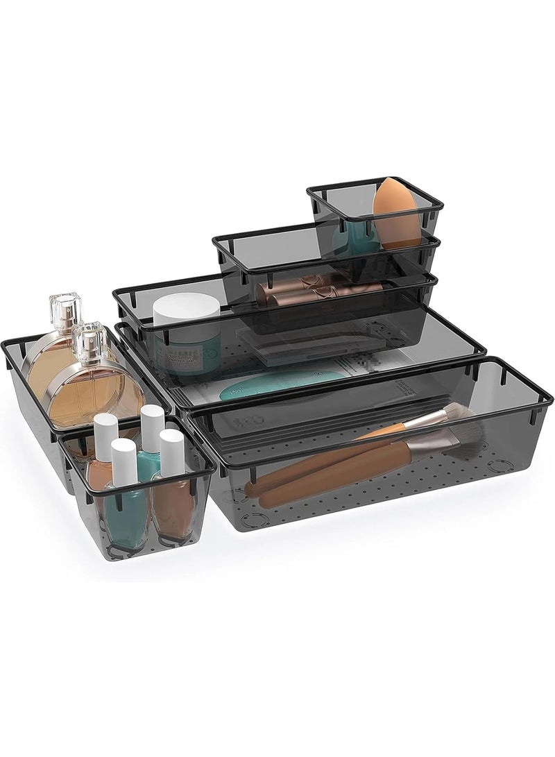 Imported 7-piece clear black plastic drawer organizer set, 4 desk drawer organizer trays for makeup, jewelry, kitchen utensils, tools, and office accessories - Image 1